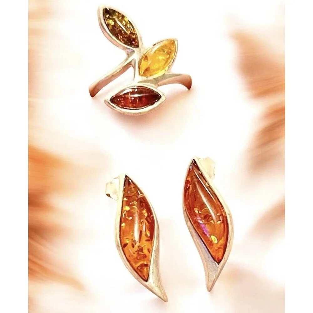 Tri Color Amber and Sterling Silver Ring Size 7 and Amber Earrings Set