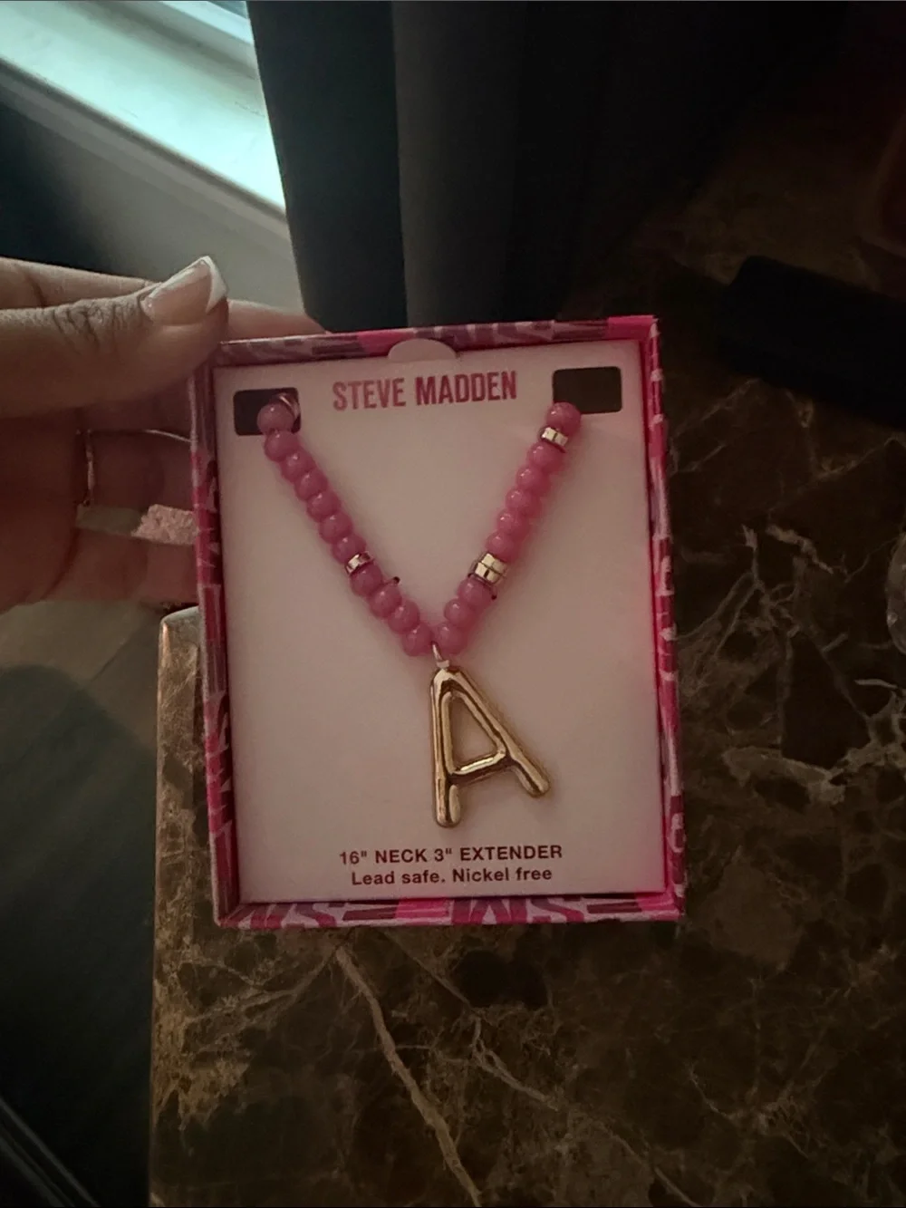 Steve Madden Pink Beaded Necklace with Gold 'A' Initial Charm