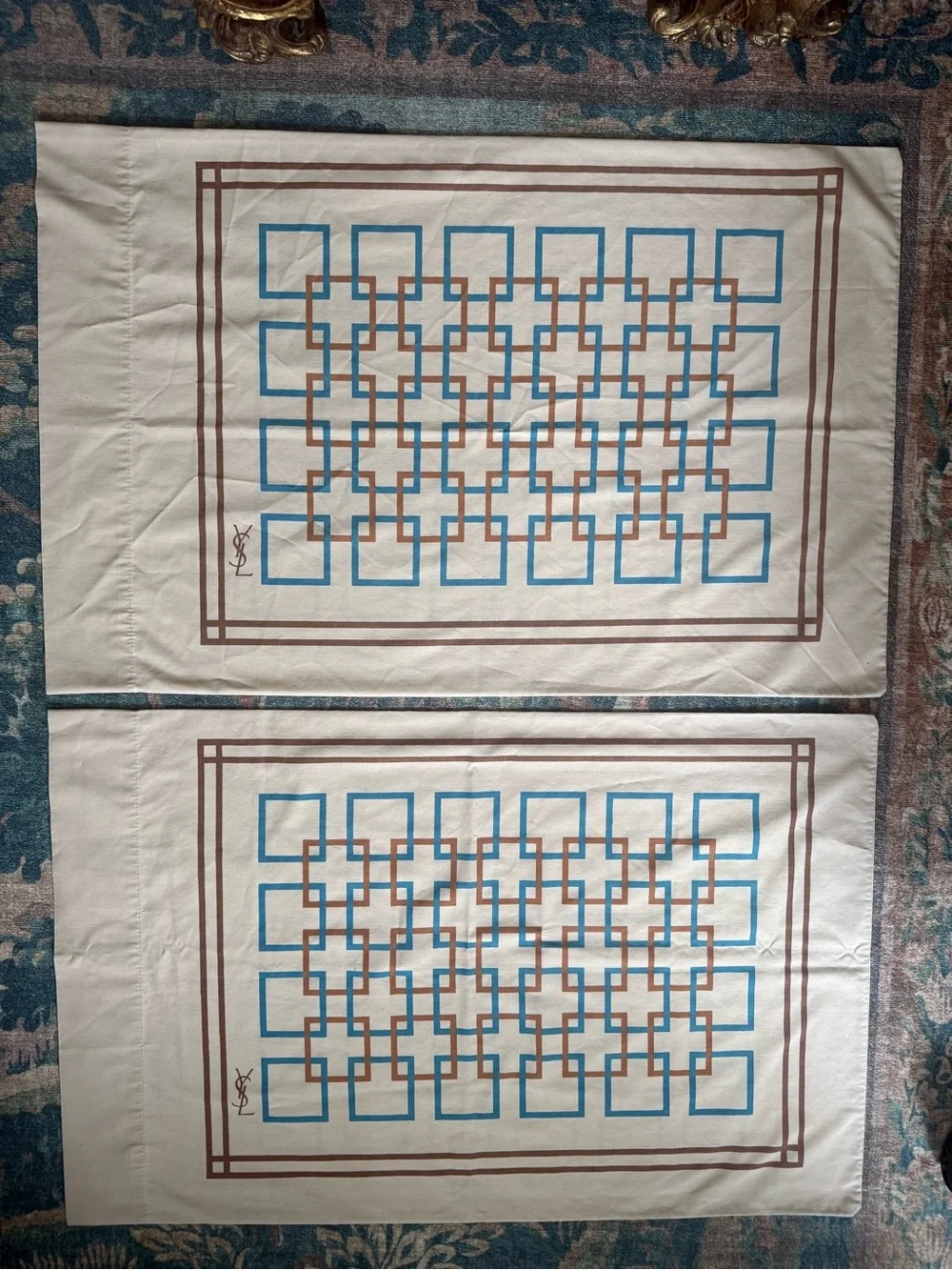 Vintage 1970sYves Saint Laurent pillow cases with Blue and Brown Geometric Print