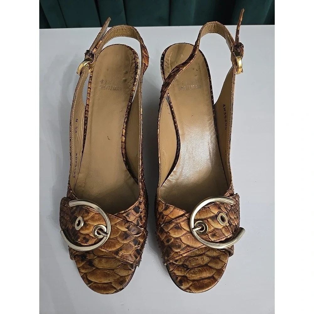 Womens Stuart Weitzman AW35604 Size 8.5.N Snake Skin‎ Sling Back Peep Toe Heels