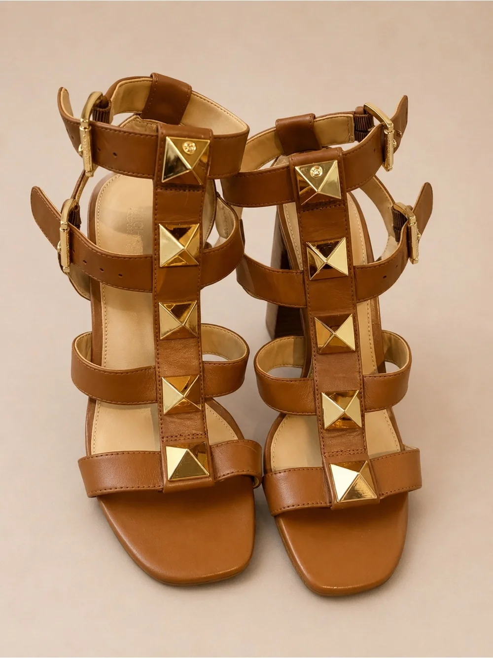 Michael Kors Tan Leather Studded Gladiator Block Heel Sandals