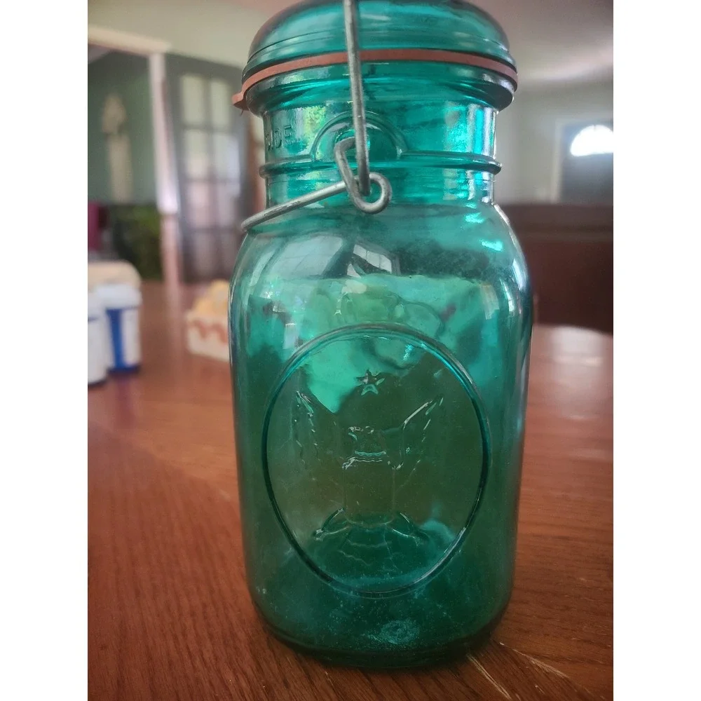 VTG 1976 Ball Ideal Aqua Blue Glass Mason Jar Eagle Bicenntennial Wire Bail Lid