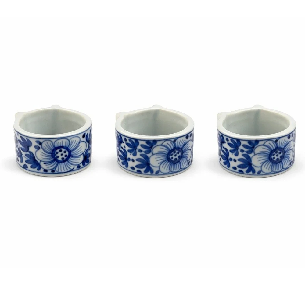 Vintage Blue White Ceramic Cat Head Napkin Rings Set of 3 Floral‎ Chinoiserie
