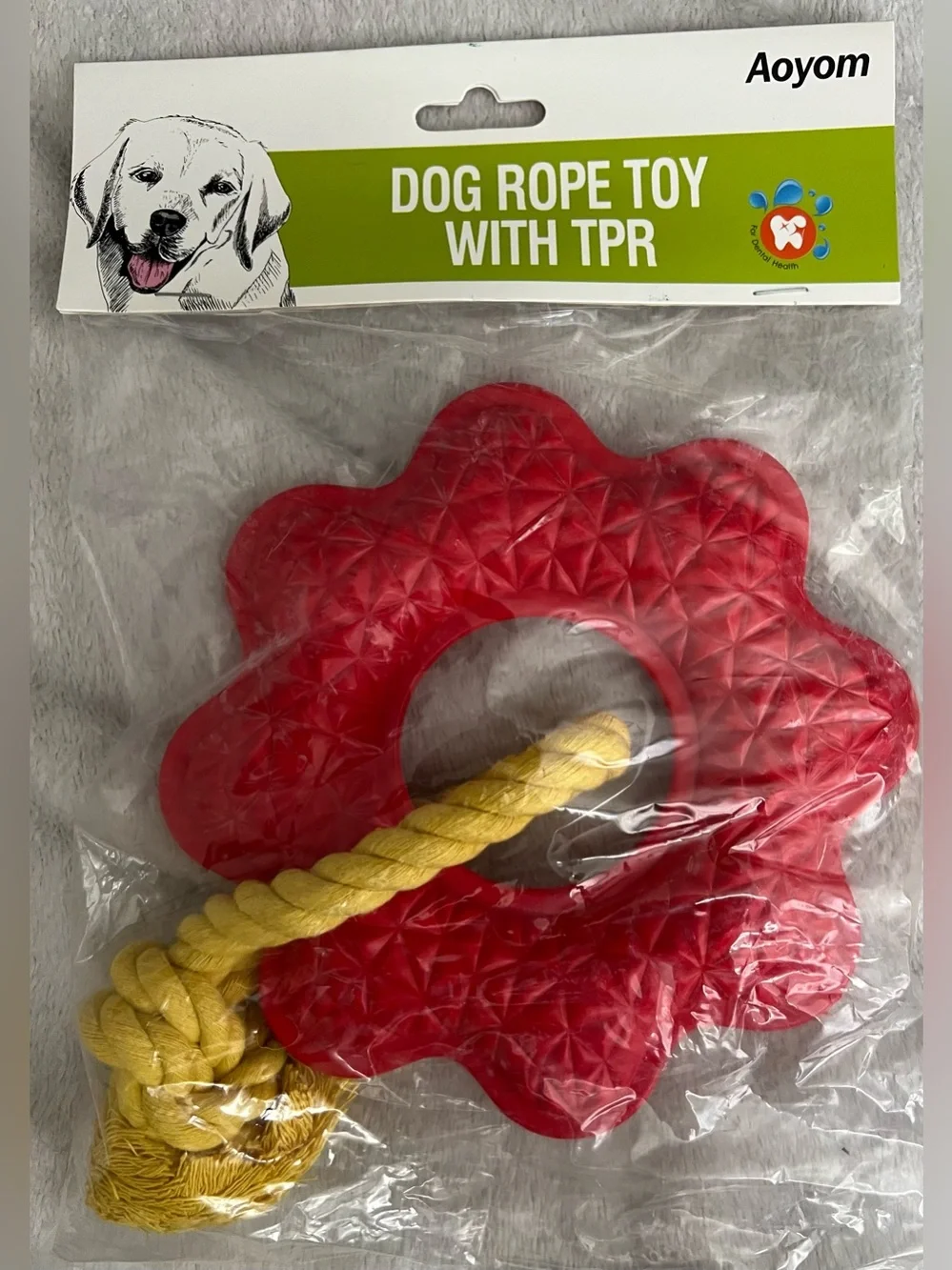 NIP Aoyom Red TPR Flower Dog Rope Toy with Yellow Rope