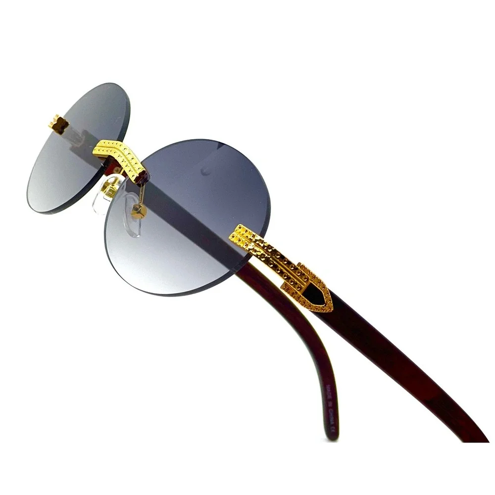 Rimless Sunglasses Oval Lens Wood Grain Arms Gold‎ Accents Fashion Shades Retro