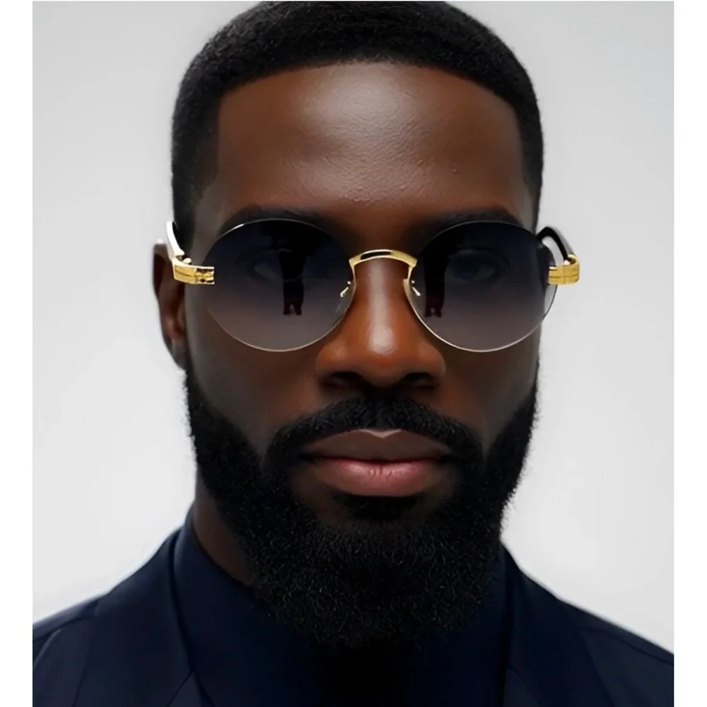 Rimless Sunglasses Oval Lens Wood Grain Arms Gold‎ Accents Fashion Shades Retro