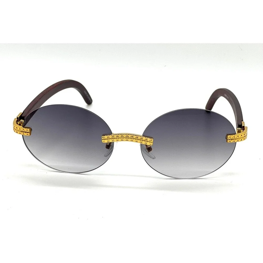 Rimless Sunglasses Oval Lens Wood Grain Arms Gold‎ Accents Fashion Shades Retro