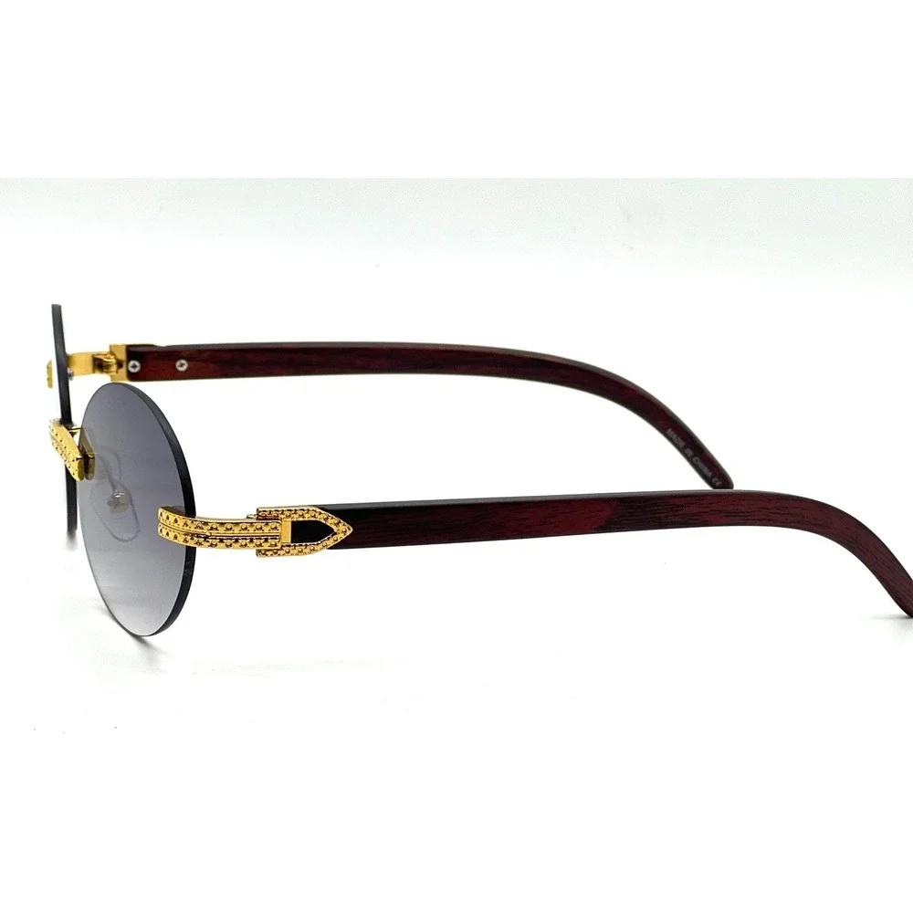Rimless Sunglasses Oval Lens Wood Grain Arms Gold‎ Accents Fashion Shades Retro