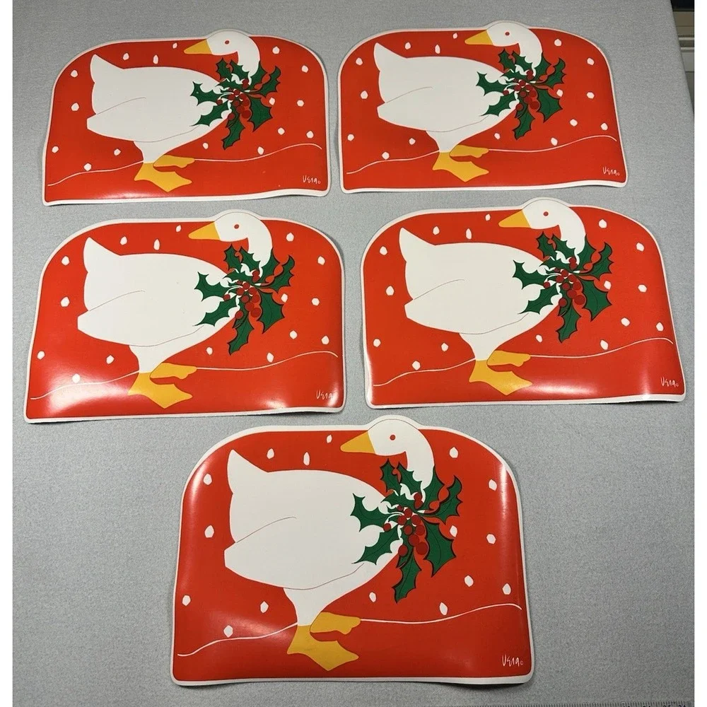 VTG Vinyl Christmas Placemats Duck Goose Holly Set of 5 Vera Neumann 80s 90s