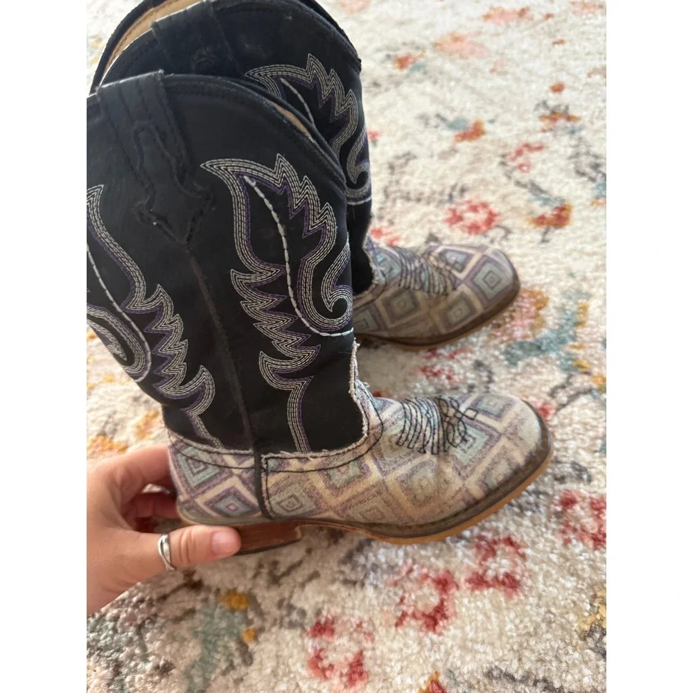 Roper‎ Little Kids 12 Western Cowboy Boots Black Purple Geometric Square Toe