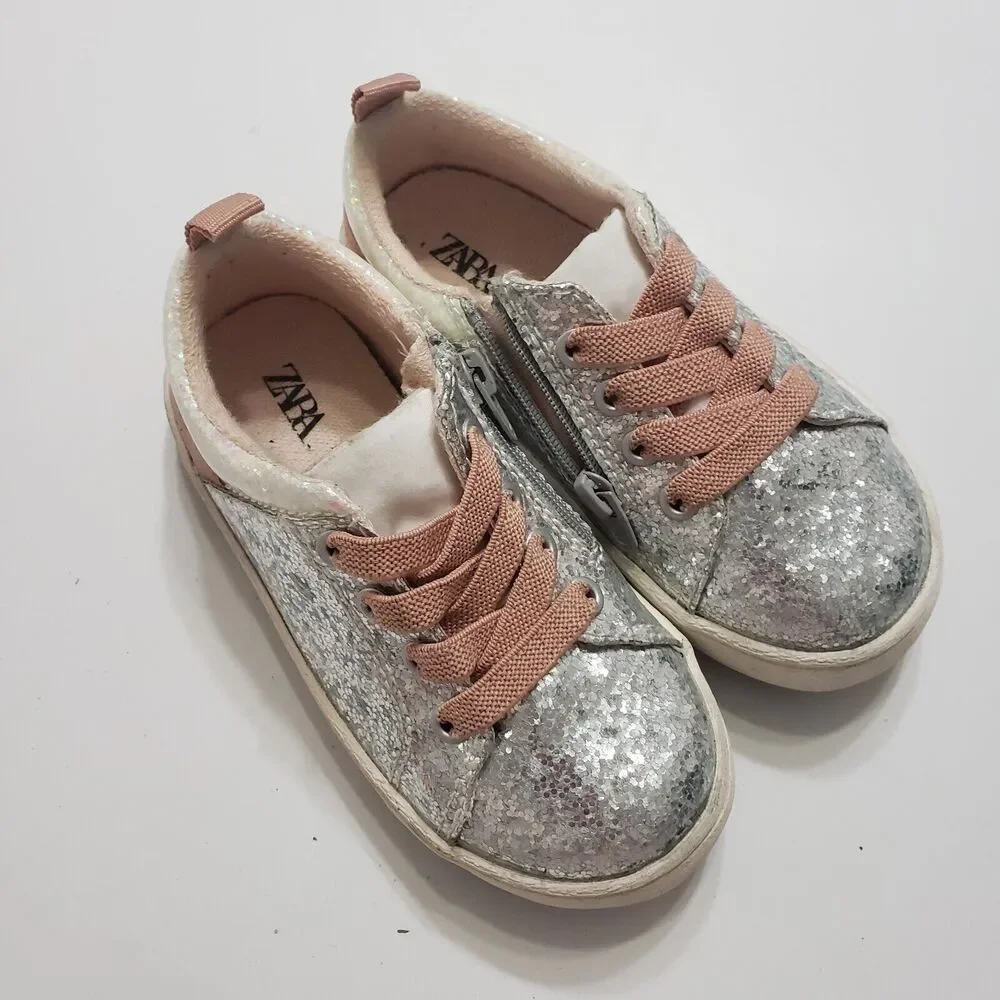 Zara Girl EU Size 23 Silver Side‎ Zipper Lace Up Low Top Shoes Sparkle Sequin