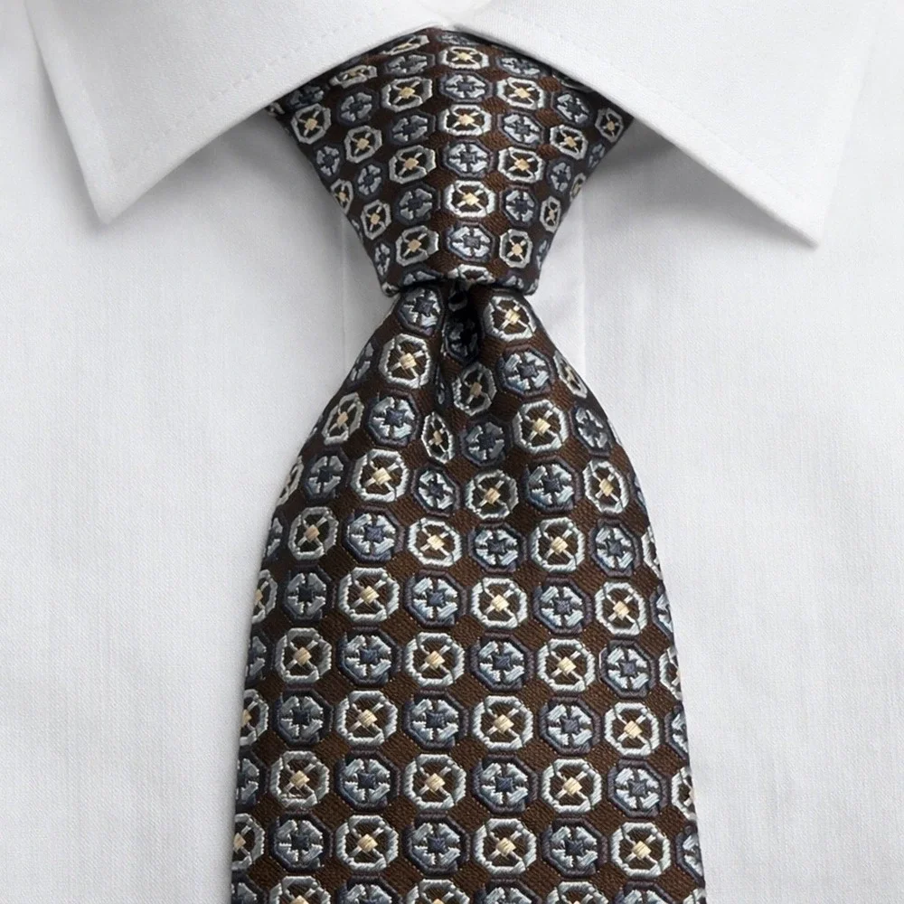 Men's 3.5 Inch Silk Tie Brown Blue Geometric‎ Medallion Italy Luxury Preppy