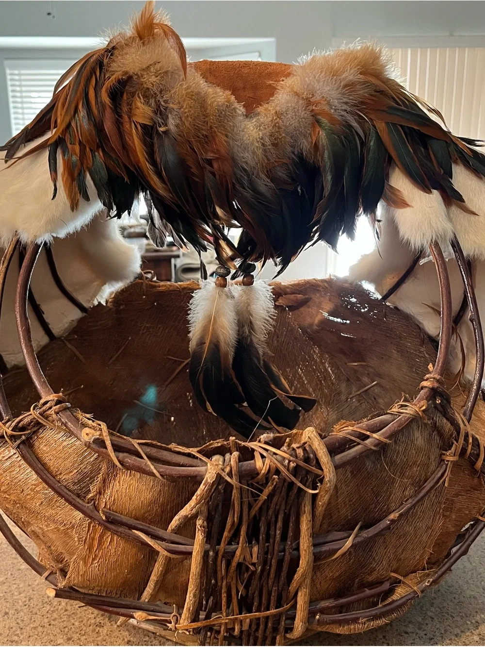 Native American Handmade Brown Feathered Bird Nest Perch