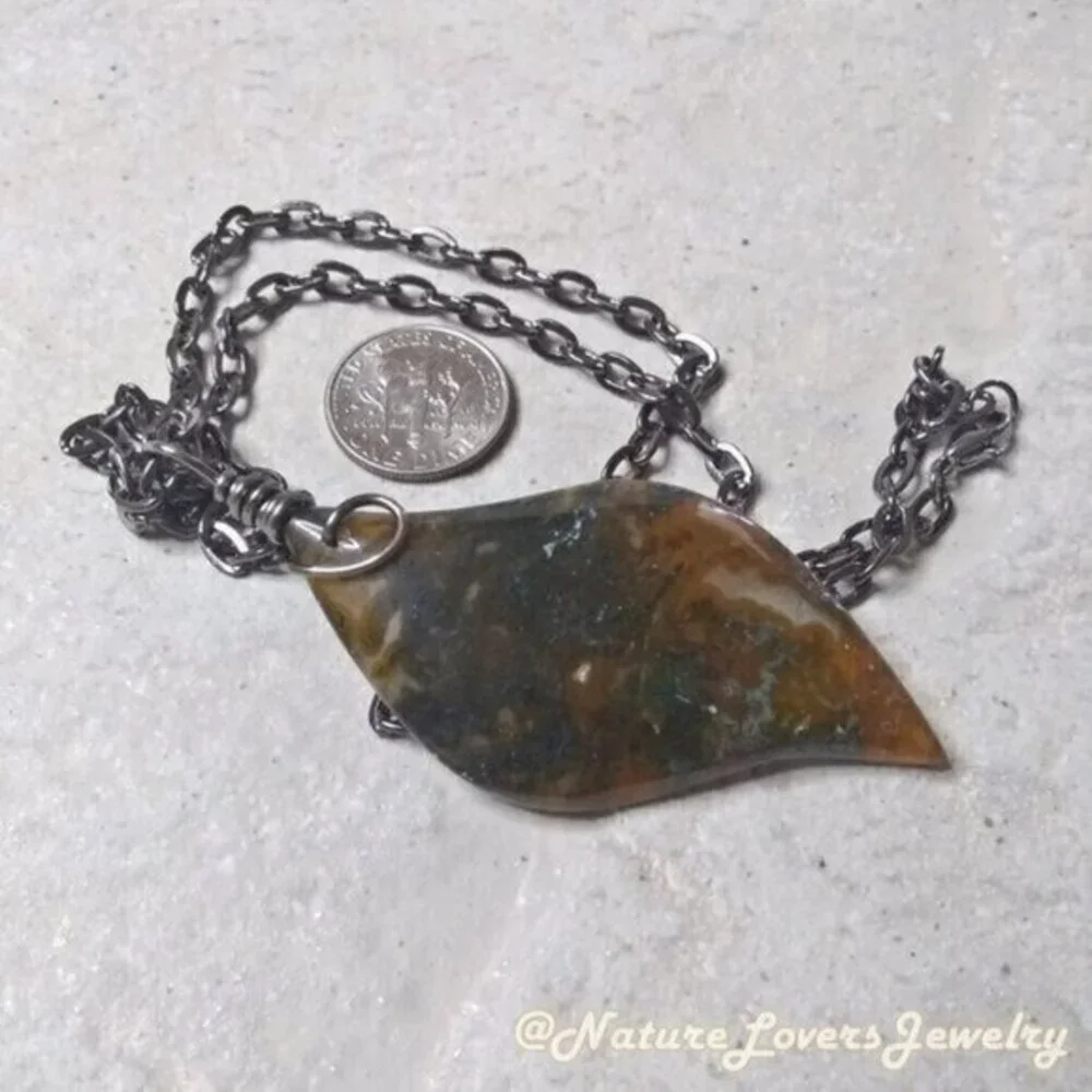 Semi-Translucent Dendritic Agate Flame Pendant + Chain! Dark, Masculine + Broody