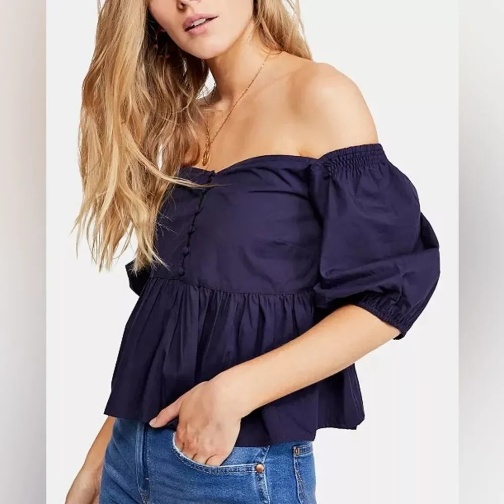 Free People Veronica Sweetheart Top in Navy Blue with Puff Sleeves Size …