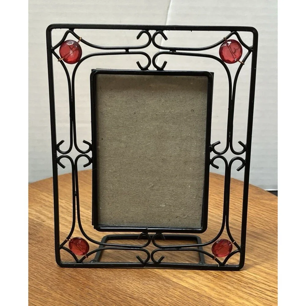 Vintage Black Scrollwork Metal Frame w/Translucent Red Gem Cabochons 3.5 x 5