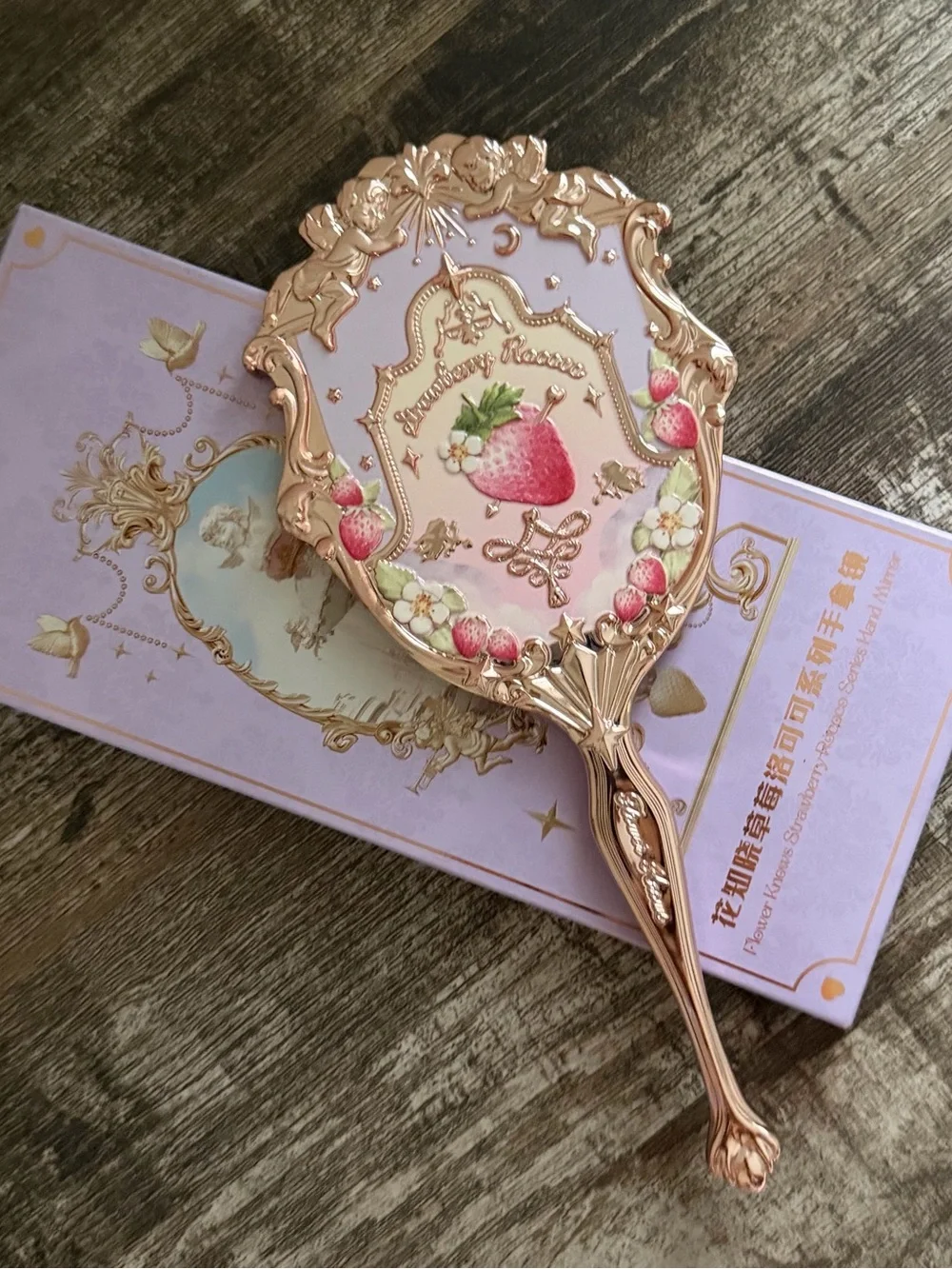 Ornate Pink Strawberry Hand Mirror with Rose-Gold Frame