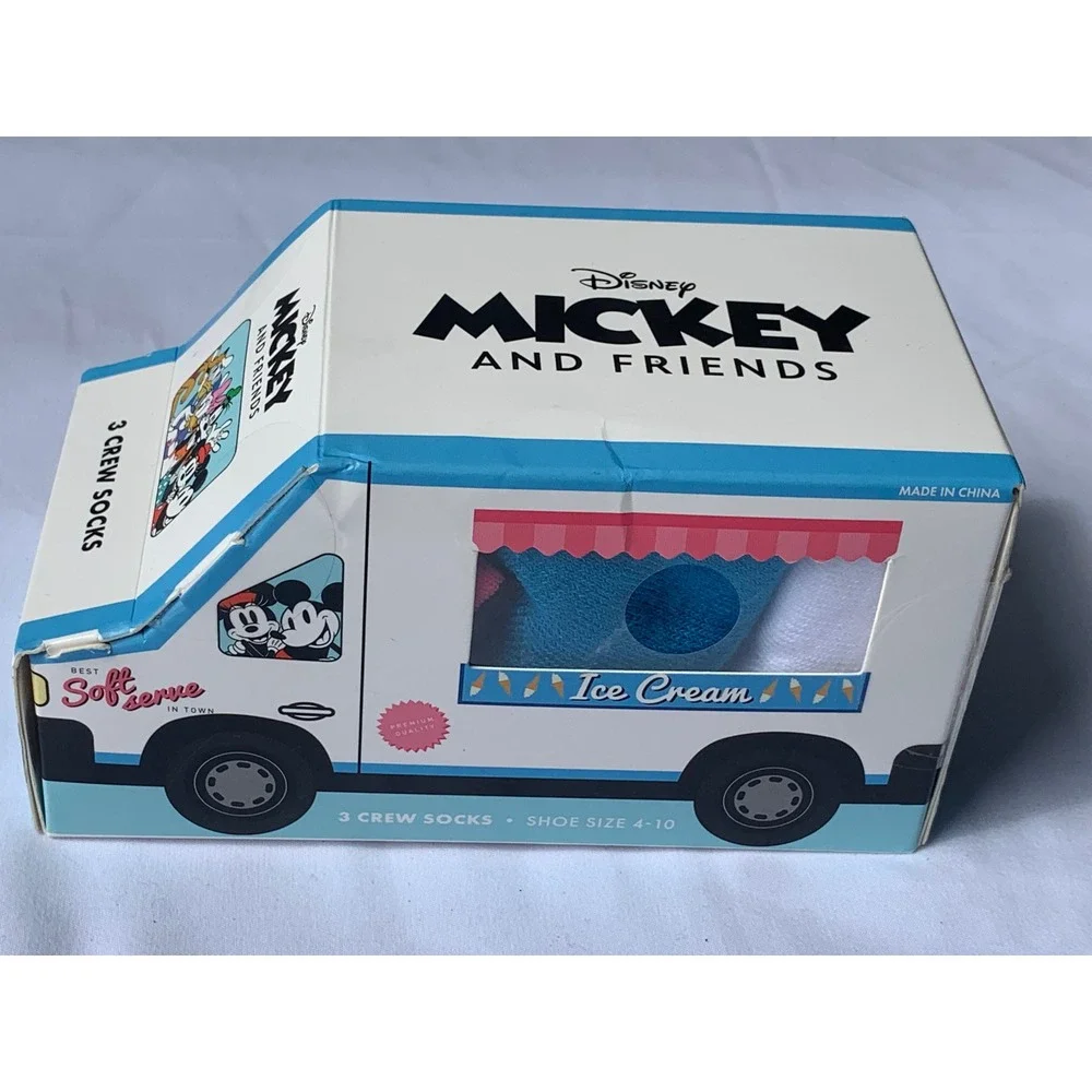 Disney Mickey and Friends 3 Pair Crew Socks Ice Cream Truck  Box Size 4-10#911