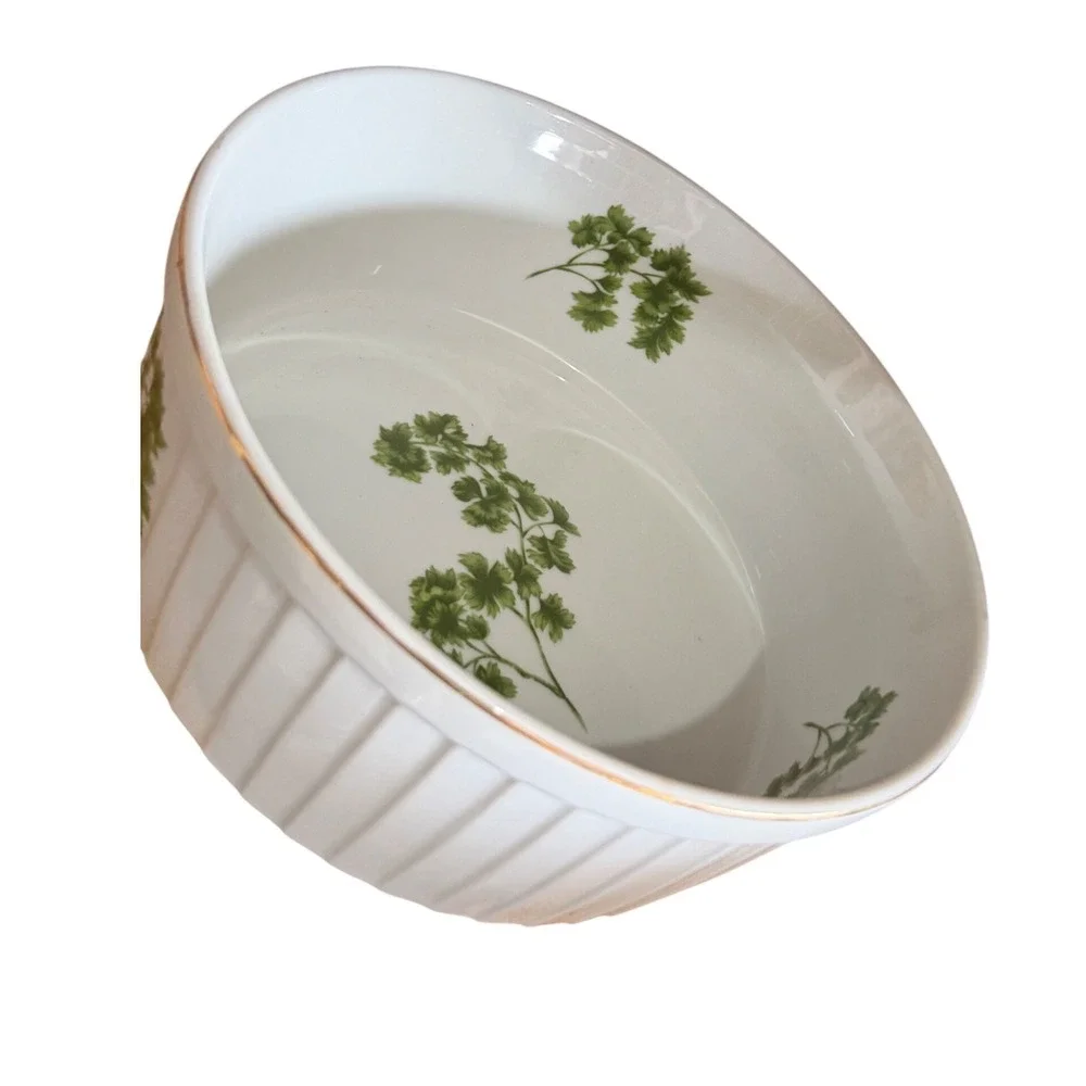 Vintage Parsley Oven to Table Cookware White Fluted Souffle Dish Round Baker 9.5