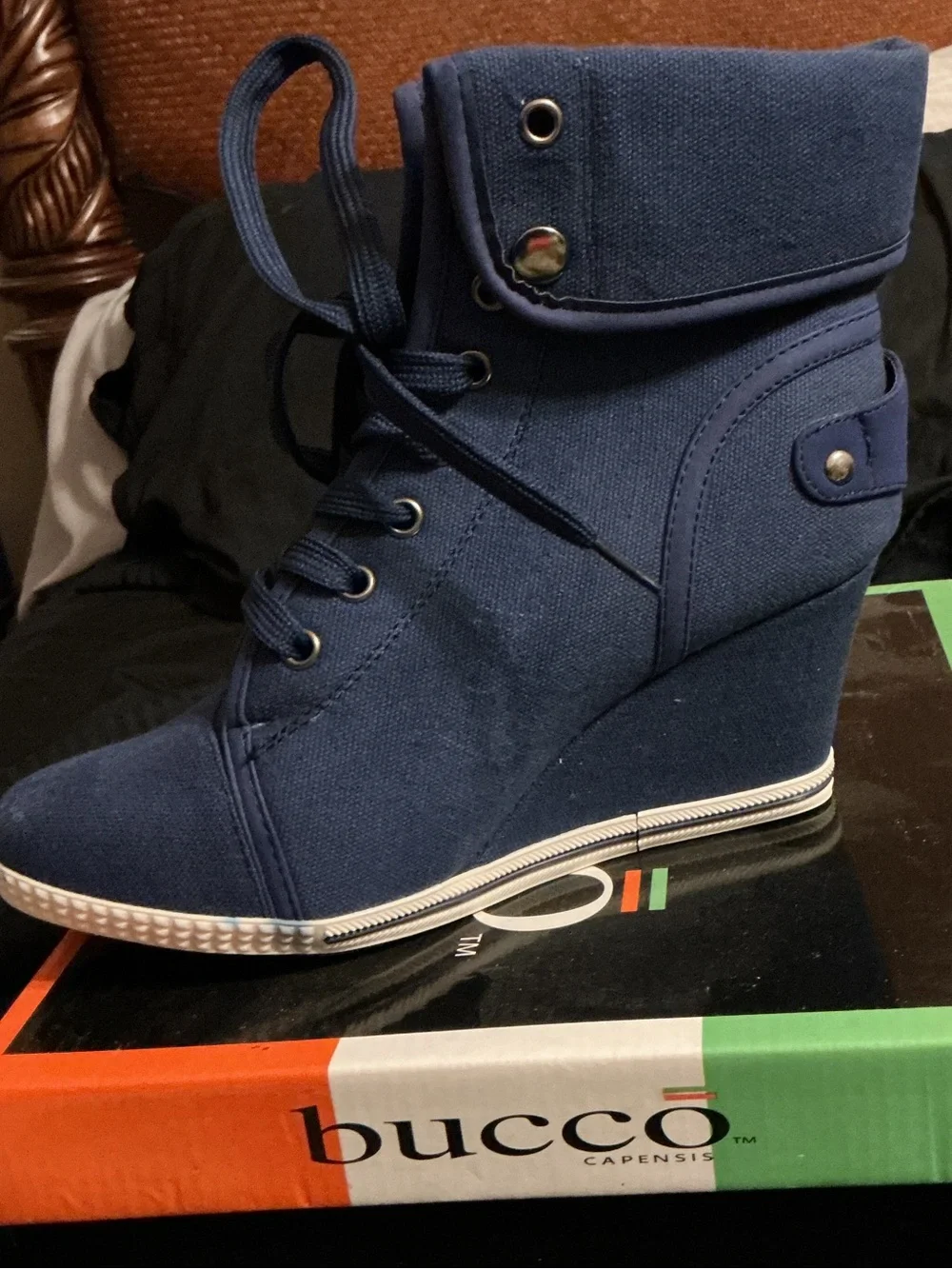 bucco Navy Canvas Wedge Lace-Up Bootie