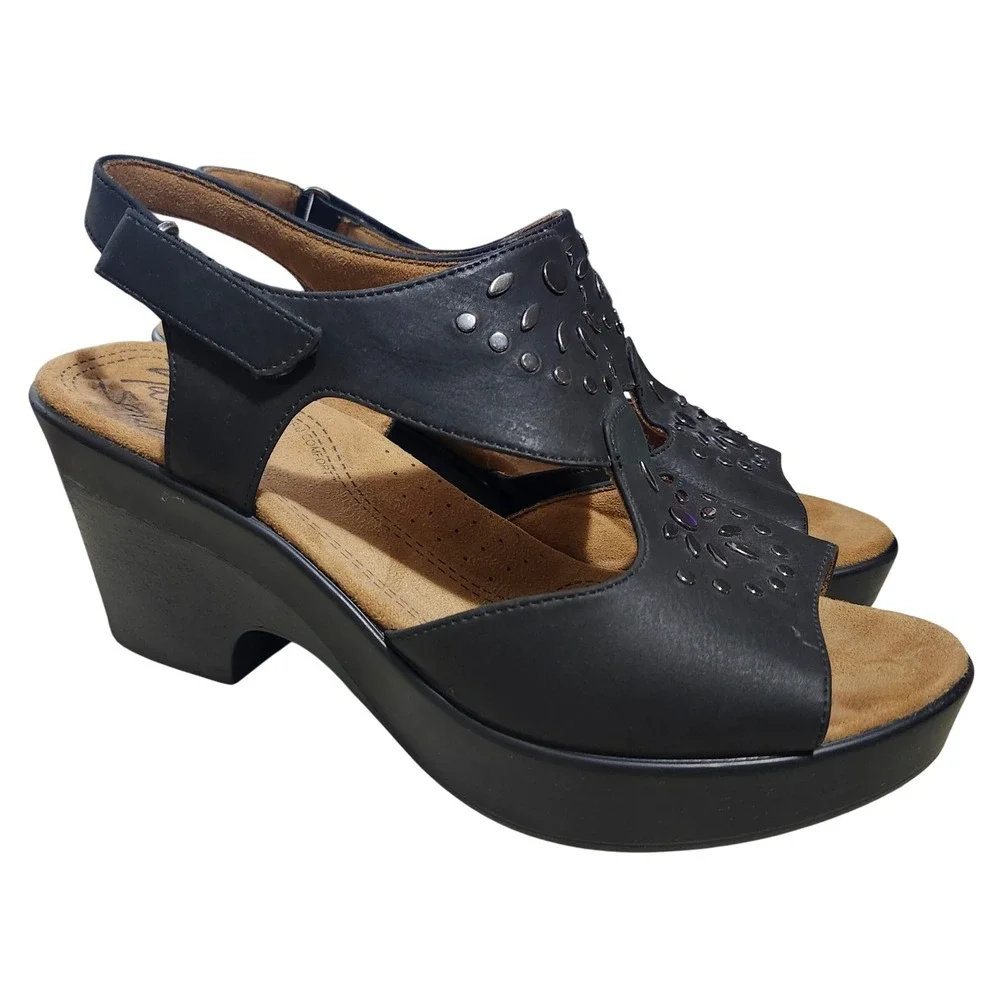 Natural Soul Wedge Sandals Women 8 Black Studded Platform Slingback Comfort Boho