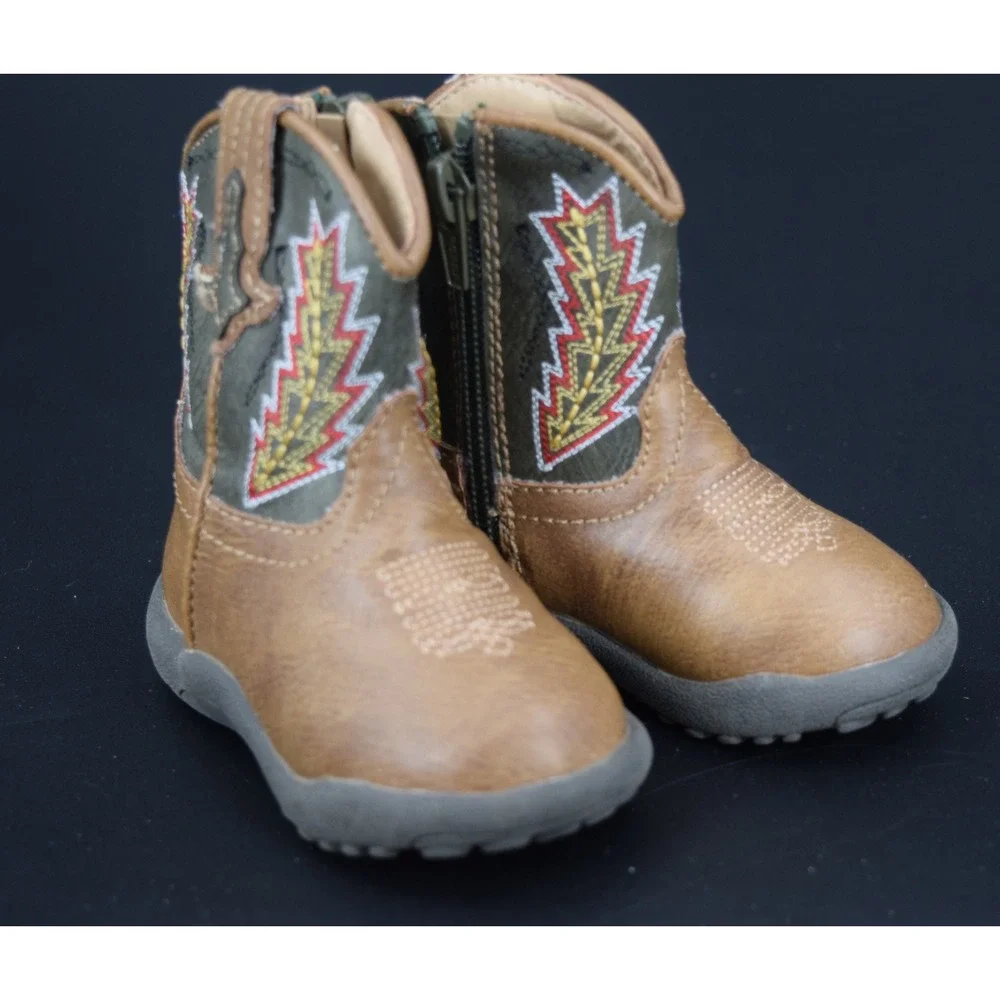 Roper Cowboy Boots Kids Size 3 Brown Olive Green Good Lightning Bolt Western