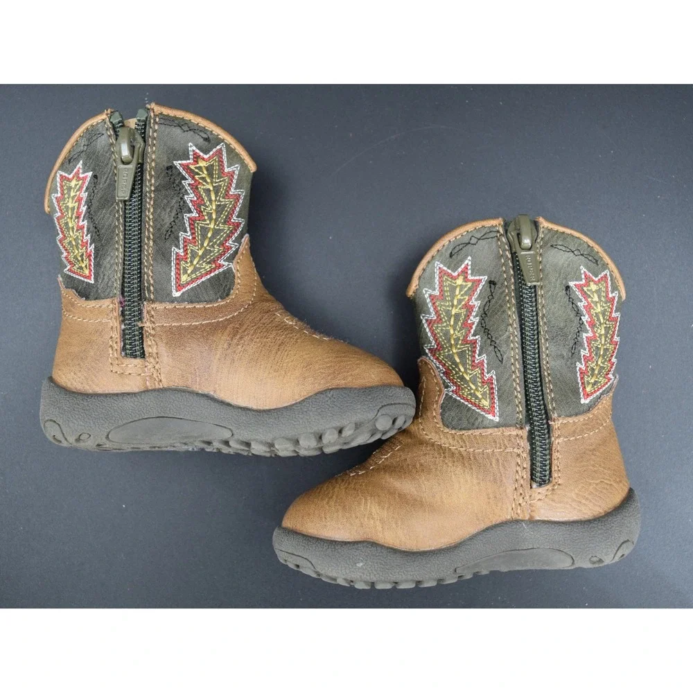 Roper Cowboy Boots Kids Size 3 Brown Olive Green Good Lightning Bolt Western