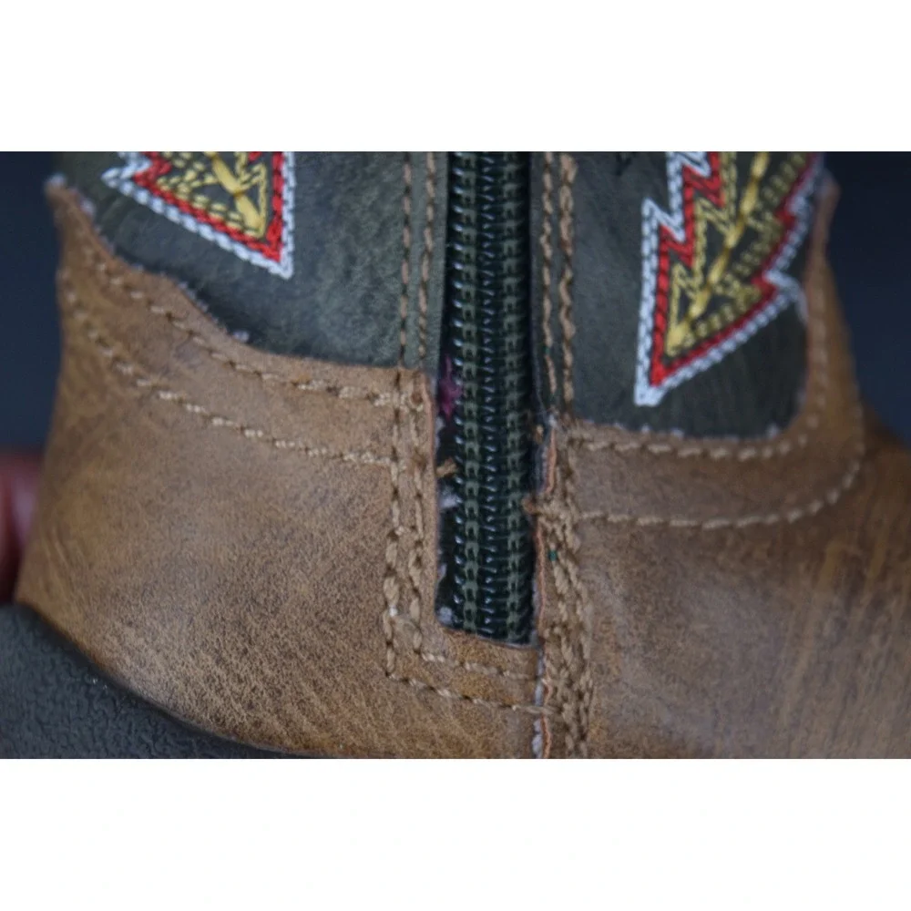 Roper Cowboy Boots Kids Size 3 Brown Olive Green Good Lightning Bolt Western