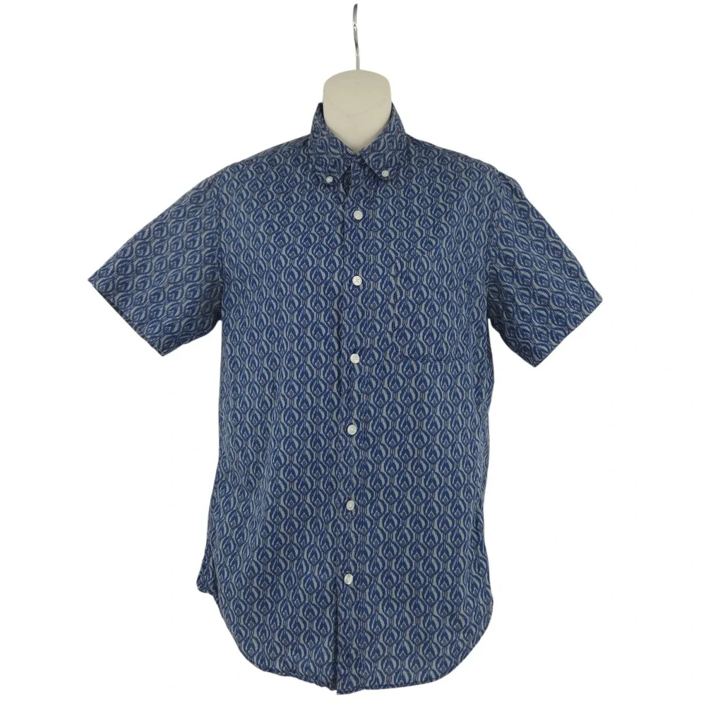 JCrew Mens XS Blue Ikat Print Short Sleeve Button Down Shirt‎ Preppy Classic
