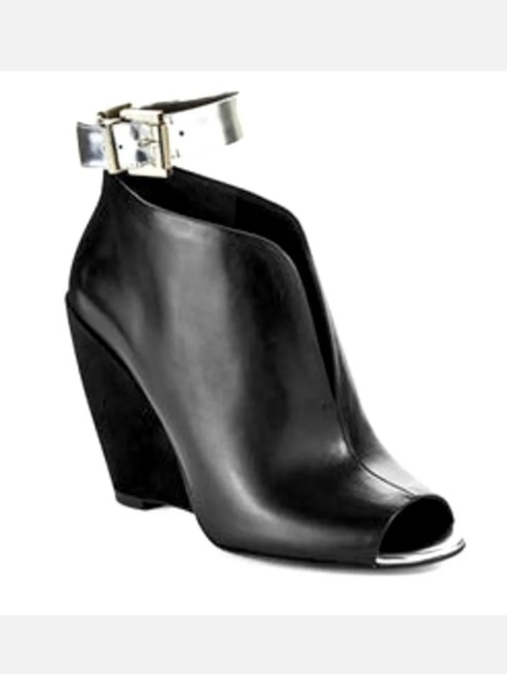 Kenneth Cole New York Silver Peep Toe Broome Wedges Black Leather Heels SZ 7.5