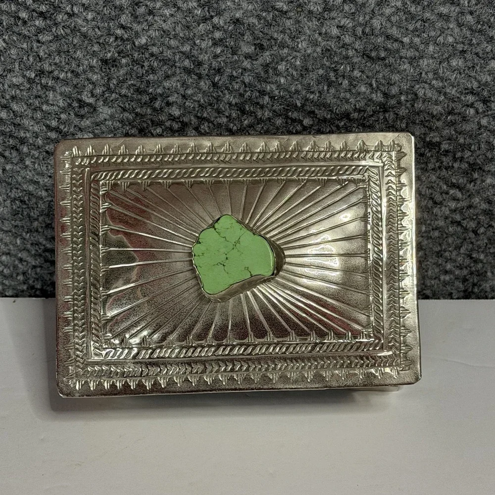 VINTAGE ALPACA SILVER  WITH INTRICATE DESIGN HINGED LID W/TURQUOISE ACCENT