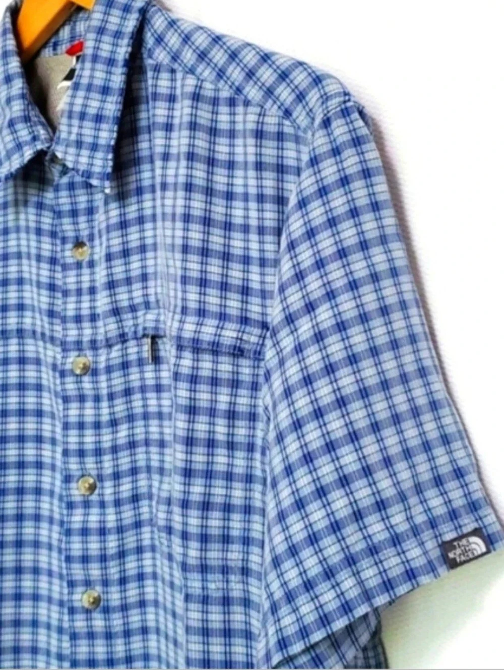 The North Face Short Sleeve Blue Plaid Button Down Shirt Mens Medium