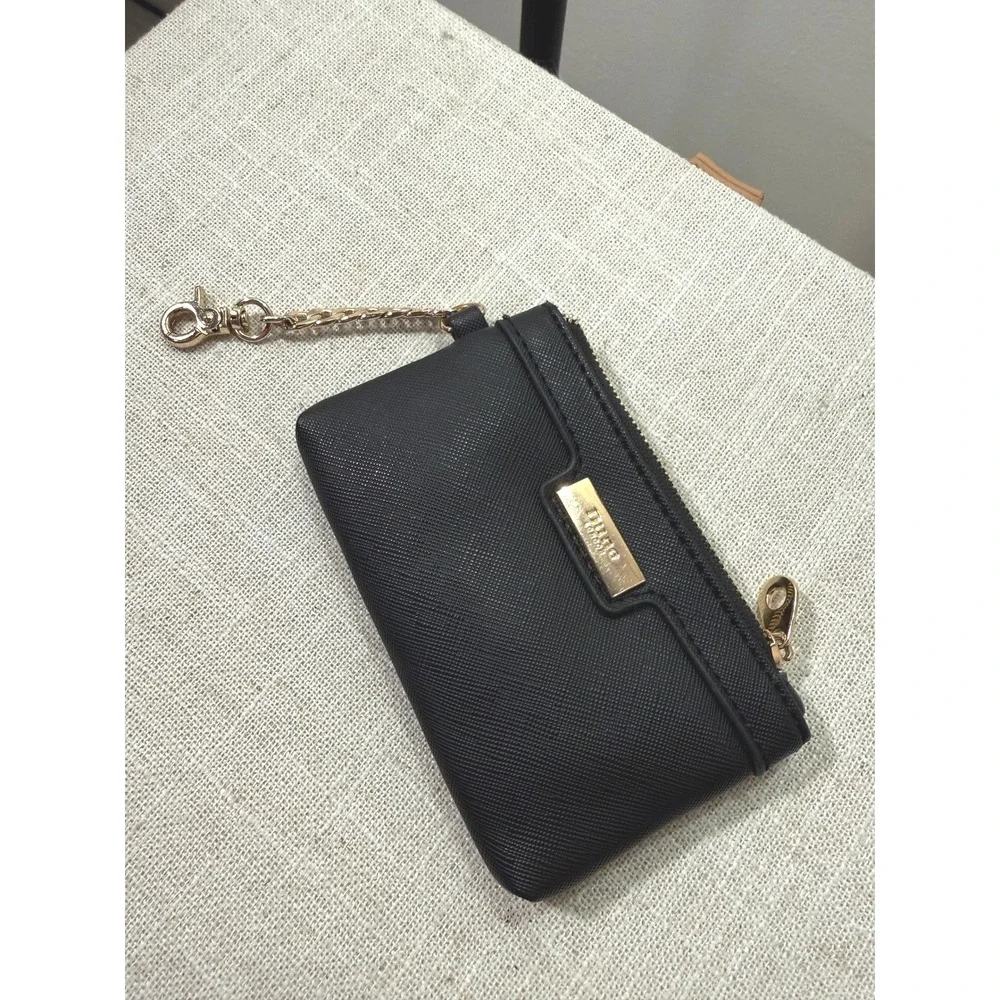 Dune London Black Saffiano Zip Coin Purse Key‎ Pouch Gold Chain Attachment