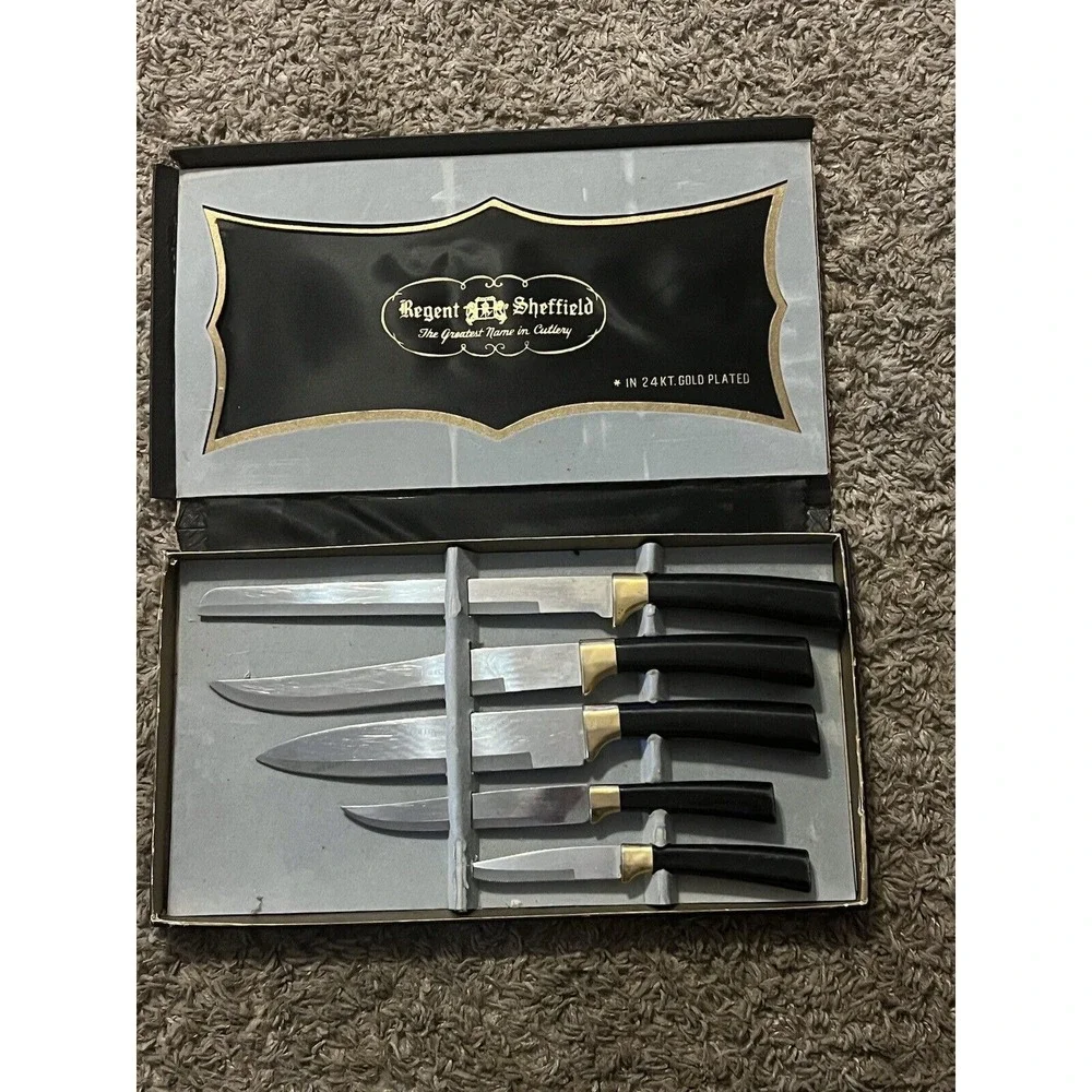 Regent Sheffield 24 K Gold Plated Cutlery Set Of‎ 5 Knives Original Box