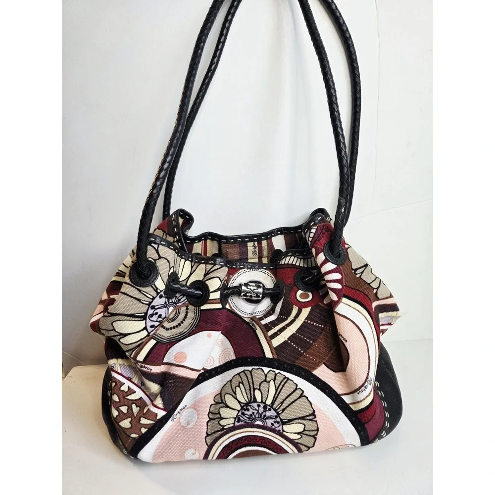 Brighton Canvas  & Leather Cinch Shoulder Satchel Slouchy Bag‎ Floral Braided