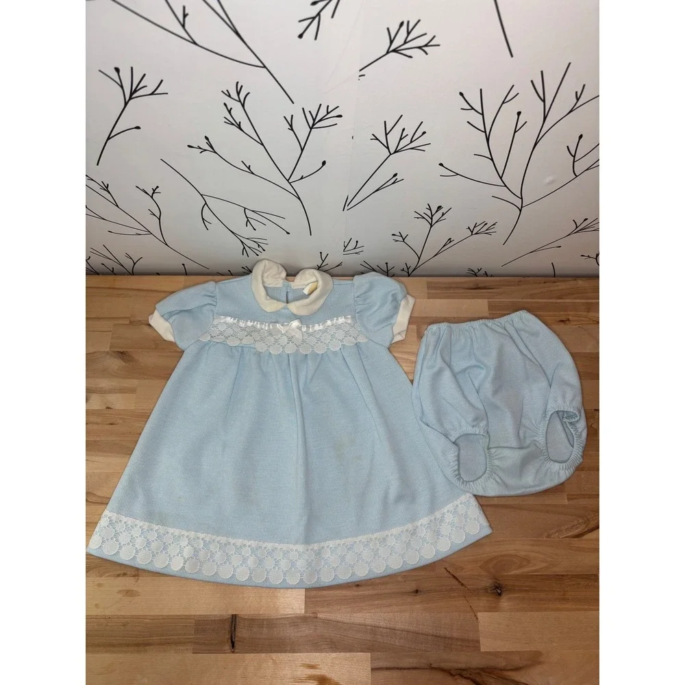 Vintage Carters Baby Girls‎ Blue Striped Lace Dress and Bloomers Set 24 Months