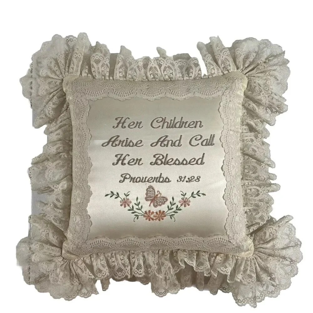 VTG Lace Trimmed Throw Pillow Proverbs 31:28 Call Her Blessed Mothers Day Gift‎