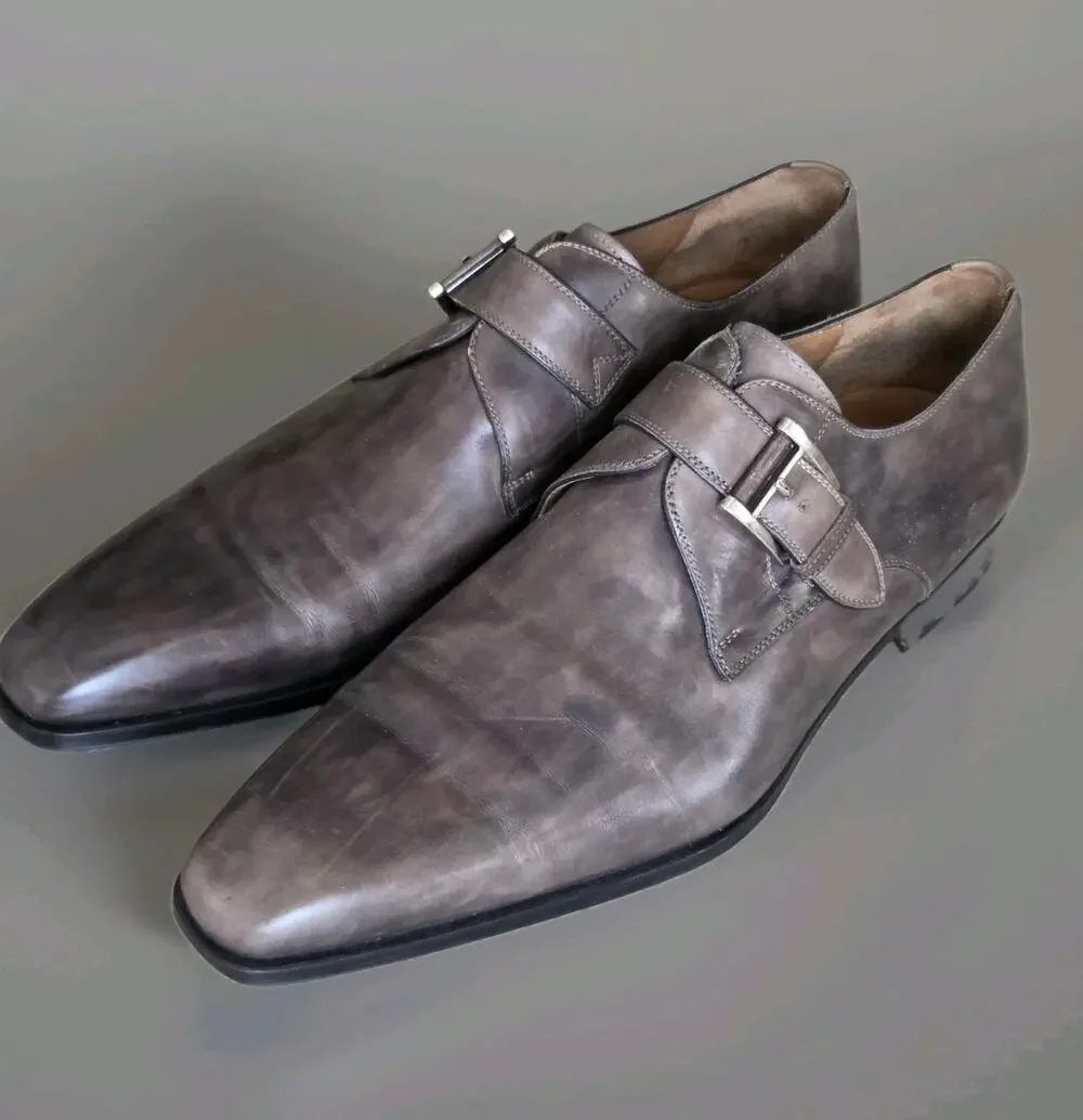MAGNANNI Gray Men's EU 48/US 12 Leather Loafers Shoes MONKSTRAP SPAIN MEN BUCKLE