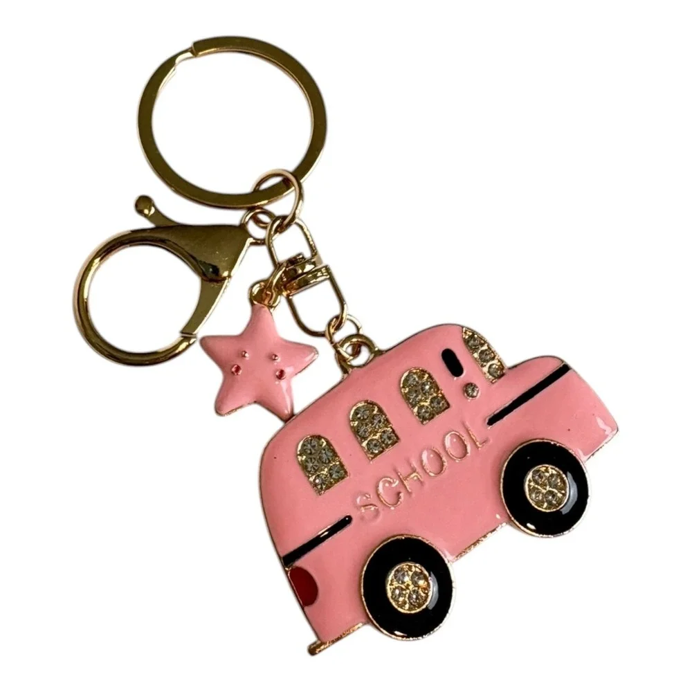 Pink School Bus Keychain Charm Back to School Bag Accessory Gift