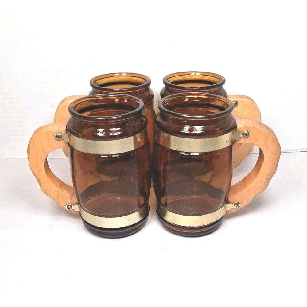 Vintage Amber Glass Beer Mugs Wood Handle Set Of 4 Saloon Mancave