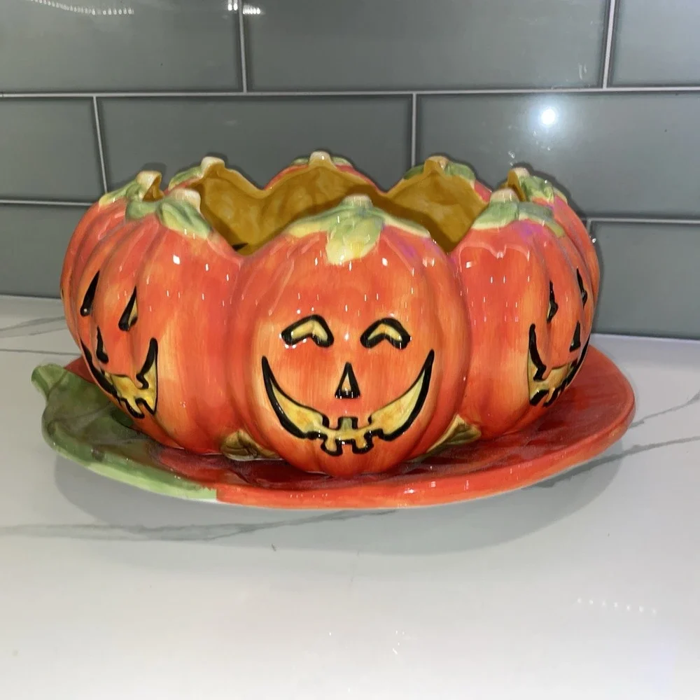 Certified International Halloween Pumpkin Cookie Platter & Candy Bowl Set Orange