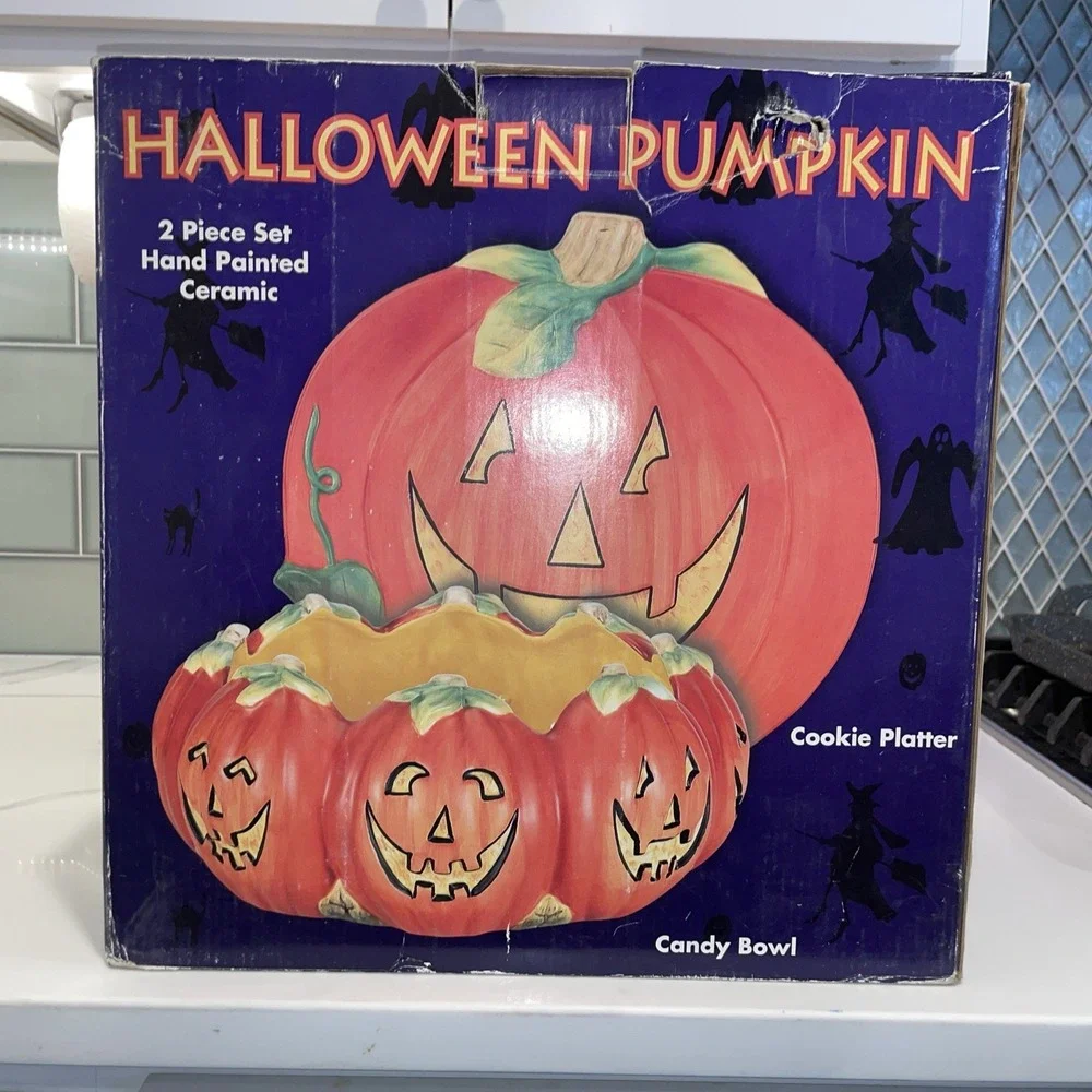 Certified International Halloween Pumpkin Cookie Platter & Candy Bowl Set Orange