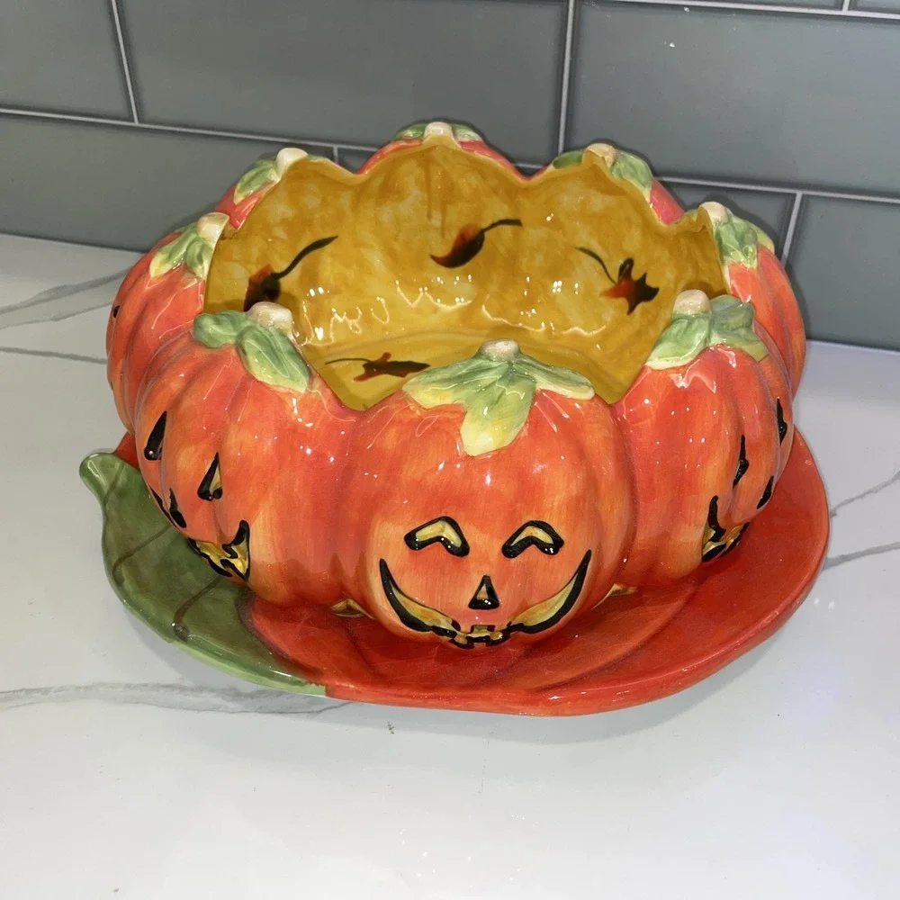 Certified International Halloween Pumpkin Cookie Platter & Candy Bowl Set Orange