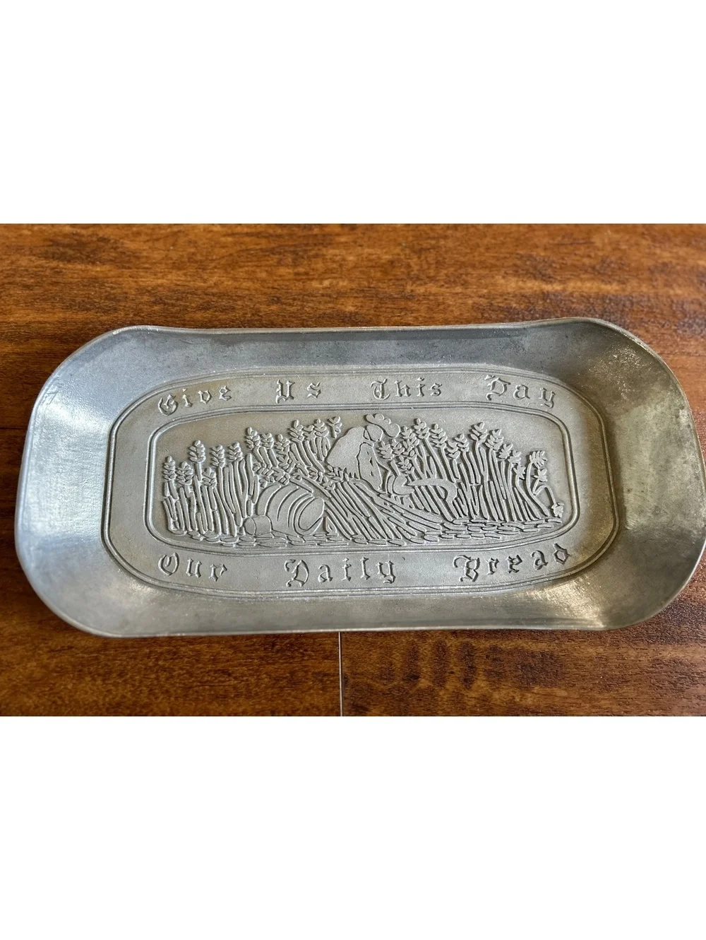 Vintage Metal Tray with 'Give Us This Day Our Daily Bread' Embossed Design