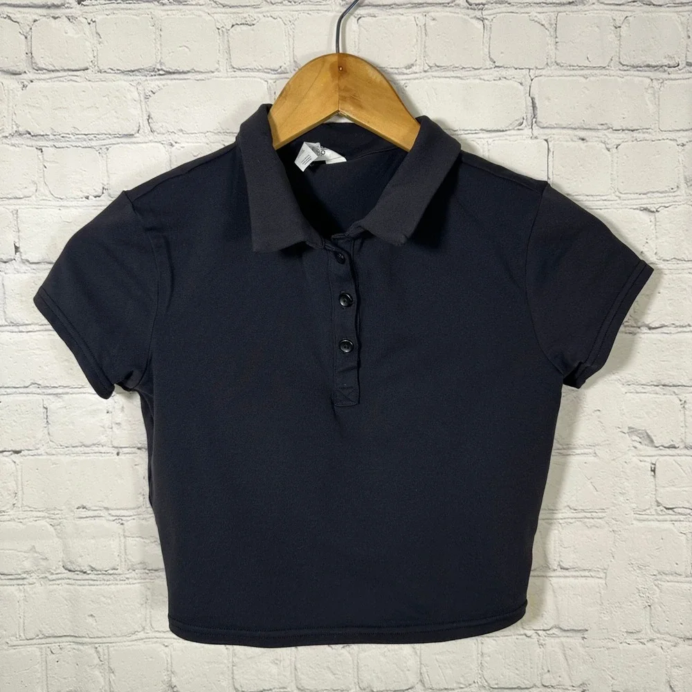 Alo Yoga Black Alosoft Crop Polo‎ Shirt Short Sleeve Athletic Top Small