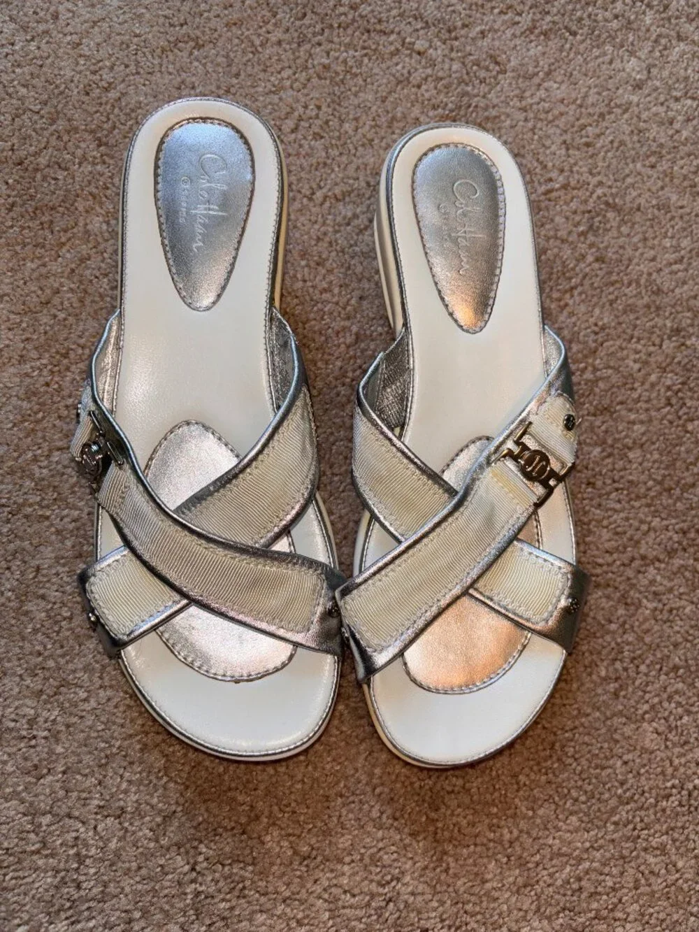 Cole Haan White and Silver Wide Strap Wedge Sandals 9