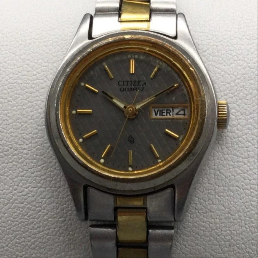 Vintage Citizen Womens Watch 24mm Gray Dial Two Tone Day Date New Battery 7.5