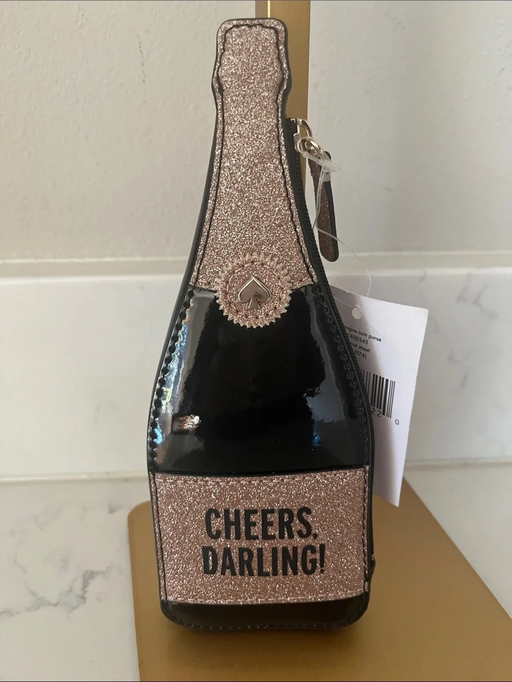 NWT Kate Spade CHEERS DARLING! Glitter Champagne Bottle coin purse