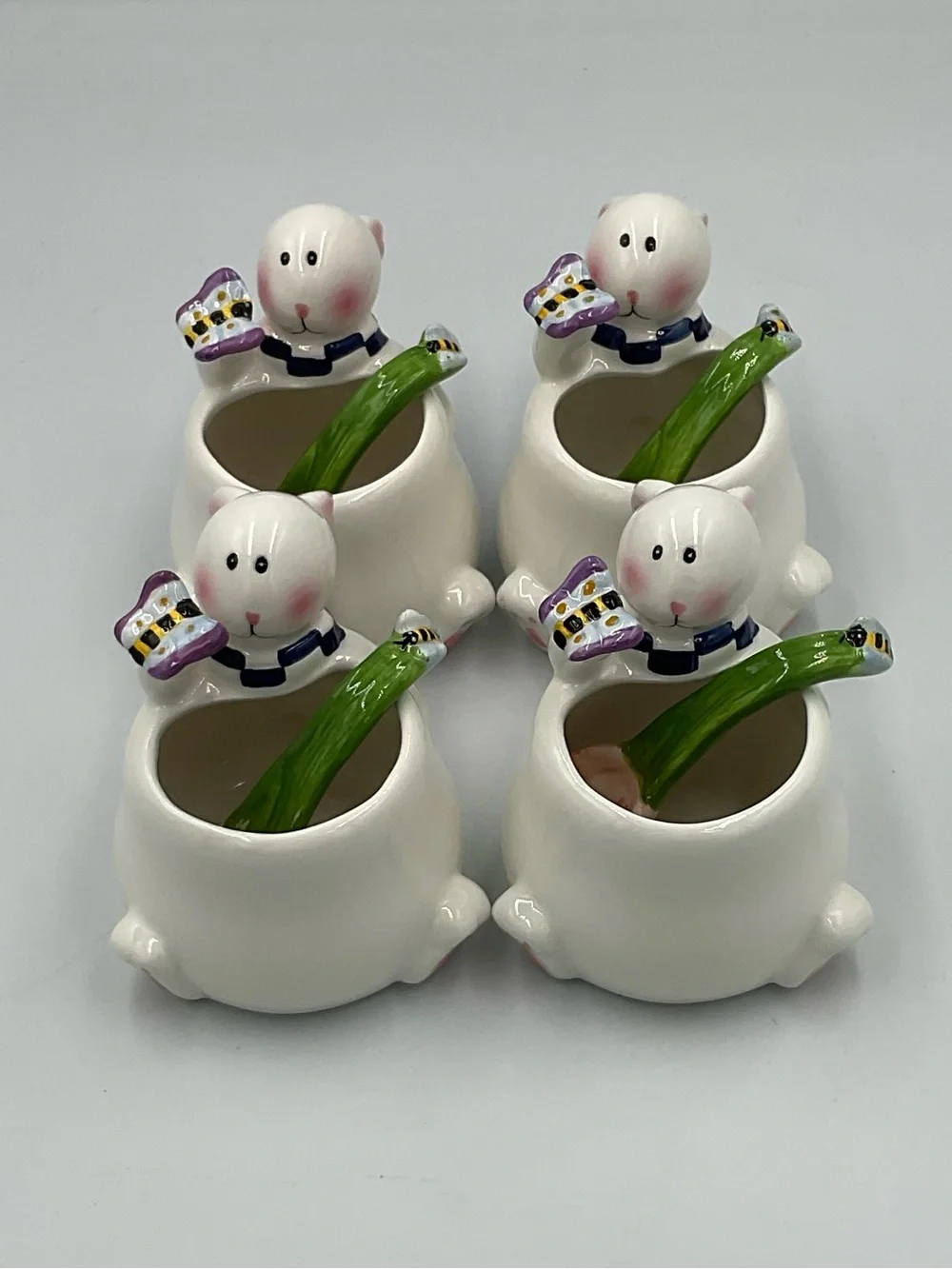 Vintage Mercuries Whimsical Spring Rabbit Teacups w/ Stirring Spoons- Set of 4