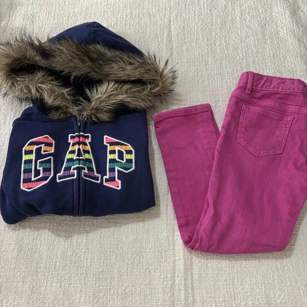 Gap Kids Girls 5 Outfit Zip Up Hoodie Sweatshirt Super Skinny Fit Pink Jeans